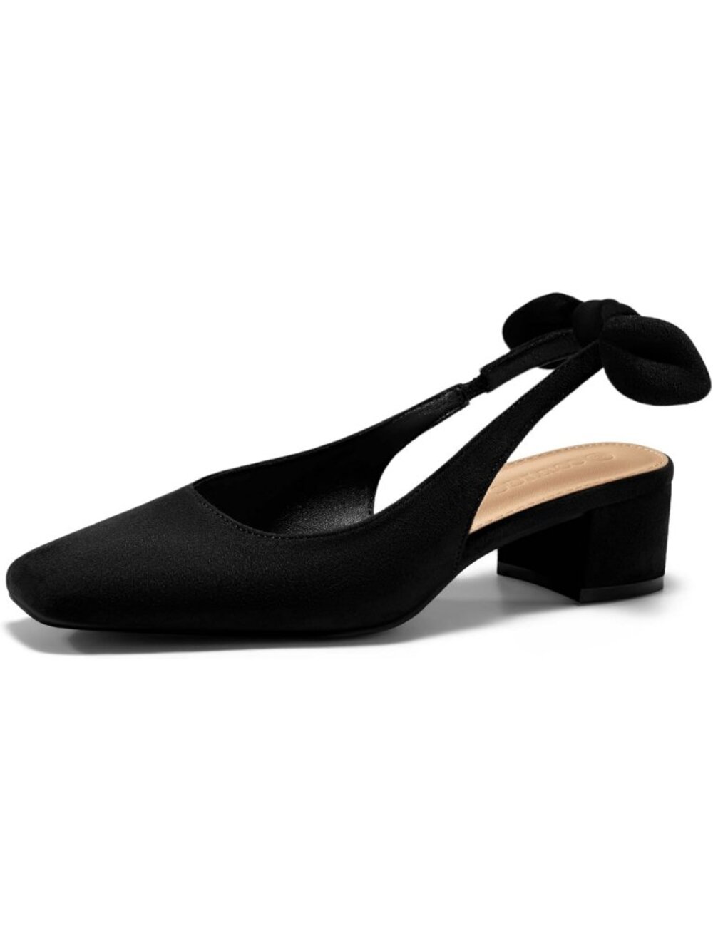 Women's Black  Faux Suede Chunky Low Heels Bow Slingback Closed Square Toe Pumps